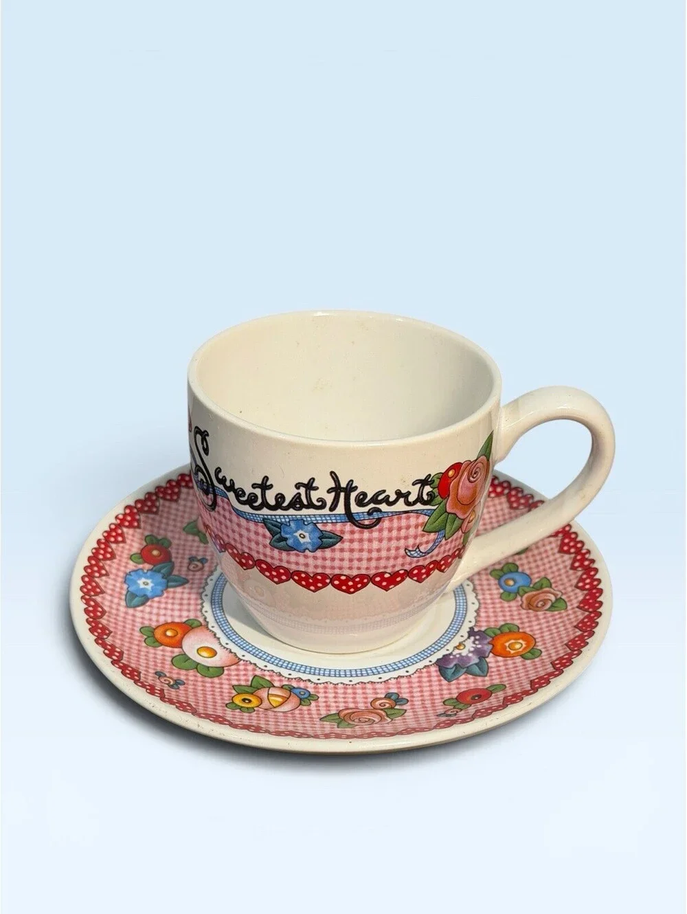 Mary Engelbreit Sweetest Heart Tea Cup Saucer Set Ceramic Cottagecore Valentine